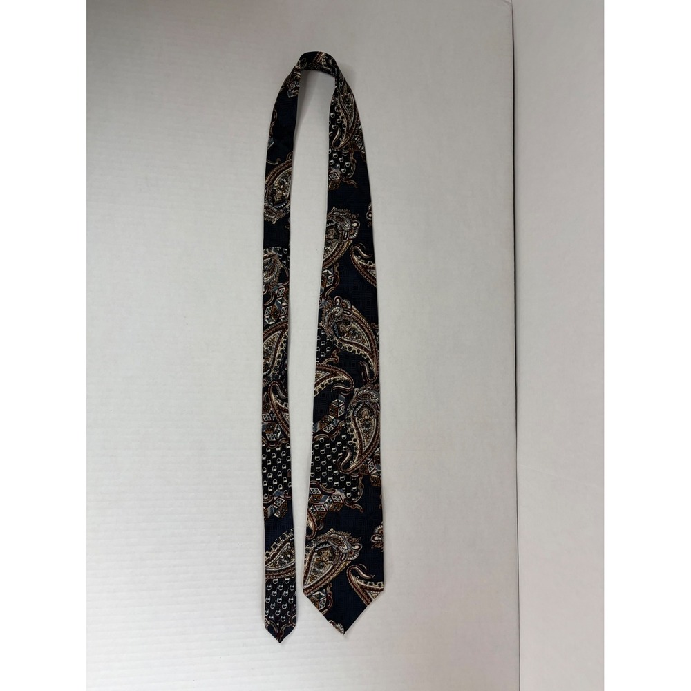 Izod Mens Silk Necktie Navy Blue Paisley Geometric Foulard Print Made in USA - Picture 7 of 9